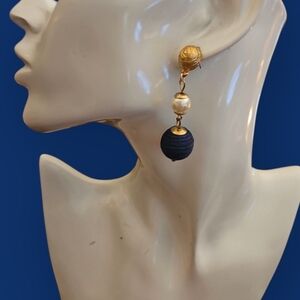 Vintage Navy Blue Threaded Pearlesque Beaded Drop Earrings